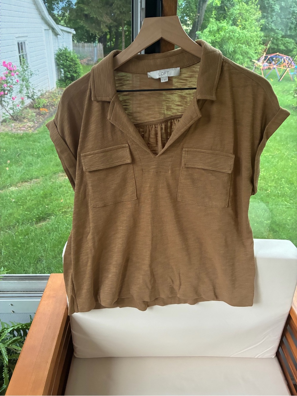 LOFT Women's Tan Short-Sleeve V-Neck Polo Blouse